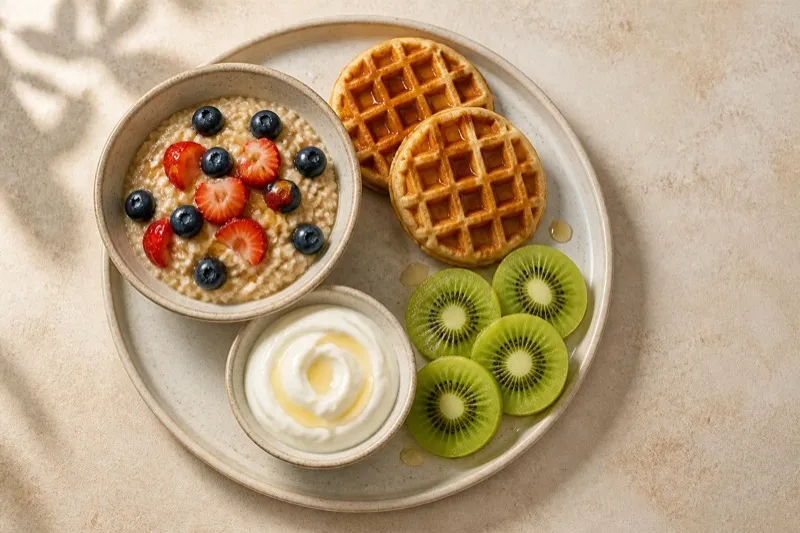 Waffles with fresh berries and yogurt