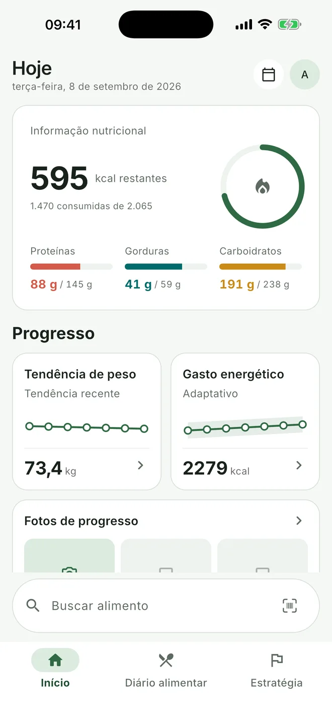 Resumo diário de calorias e macros no BoraFit